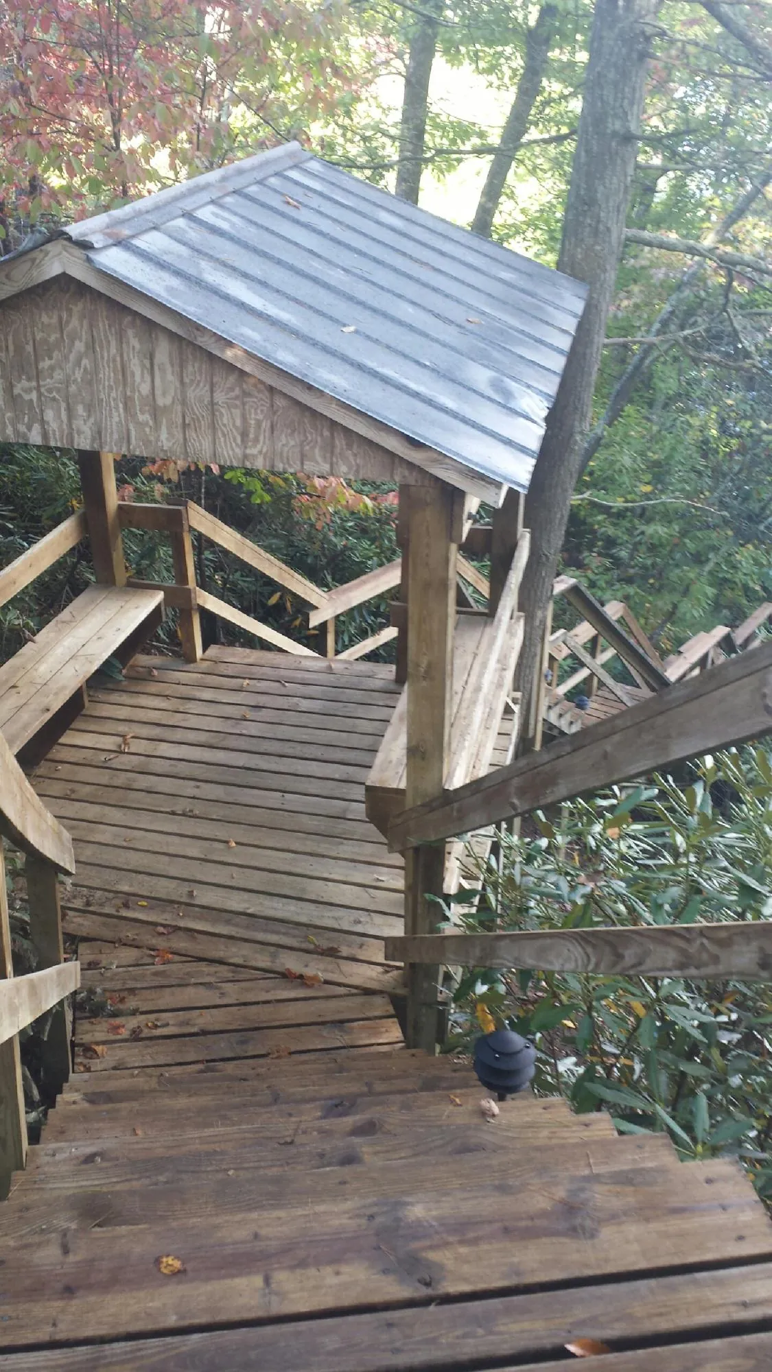 Metal roofed shelter over wooden steps on a wooded walkway — Skylight Repair & Installation work by our crew in Elmore